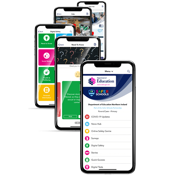 multiple Safer Schools NI app screen mockups