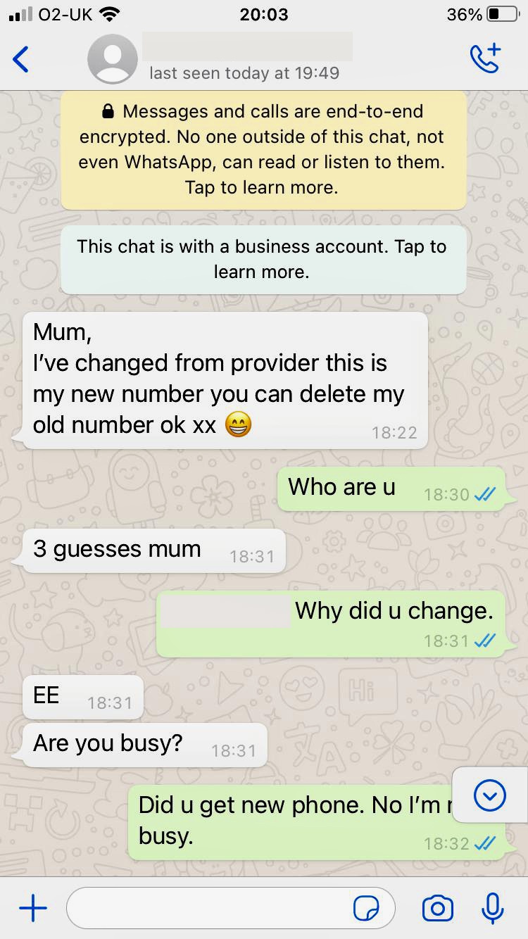 WhatsApp screenshot of scam message pretending to be a daughter