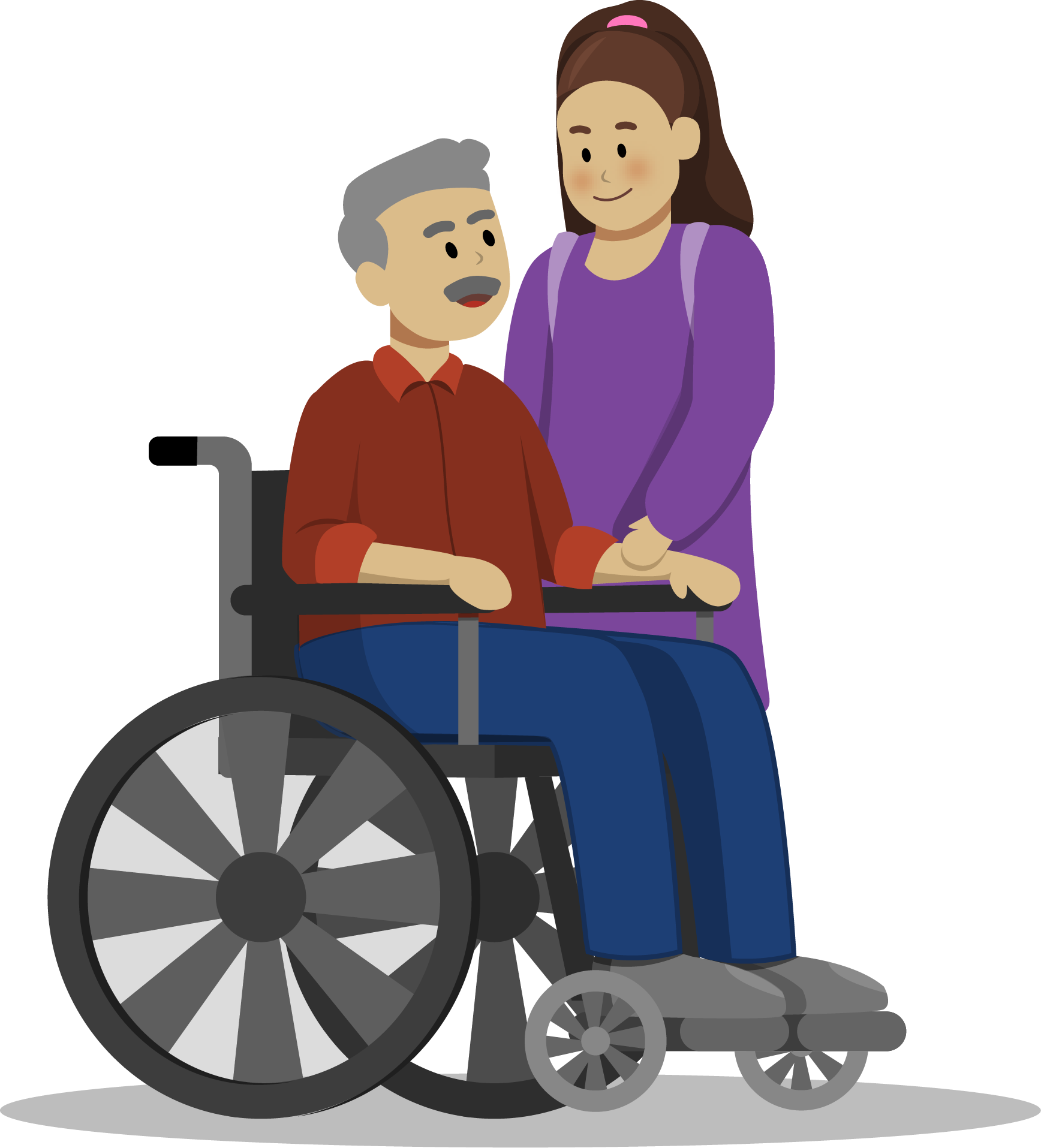 Illustration of a young carer for a man in a wheelchair