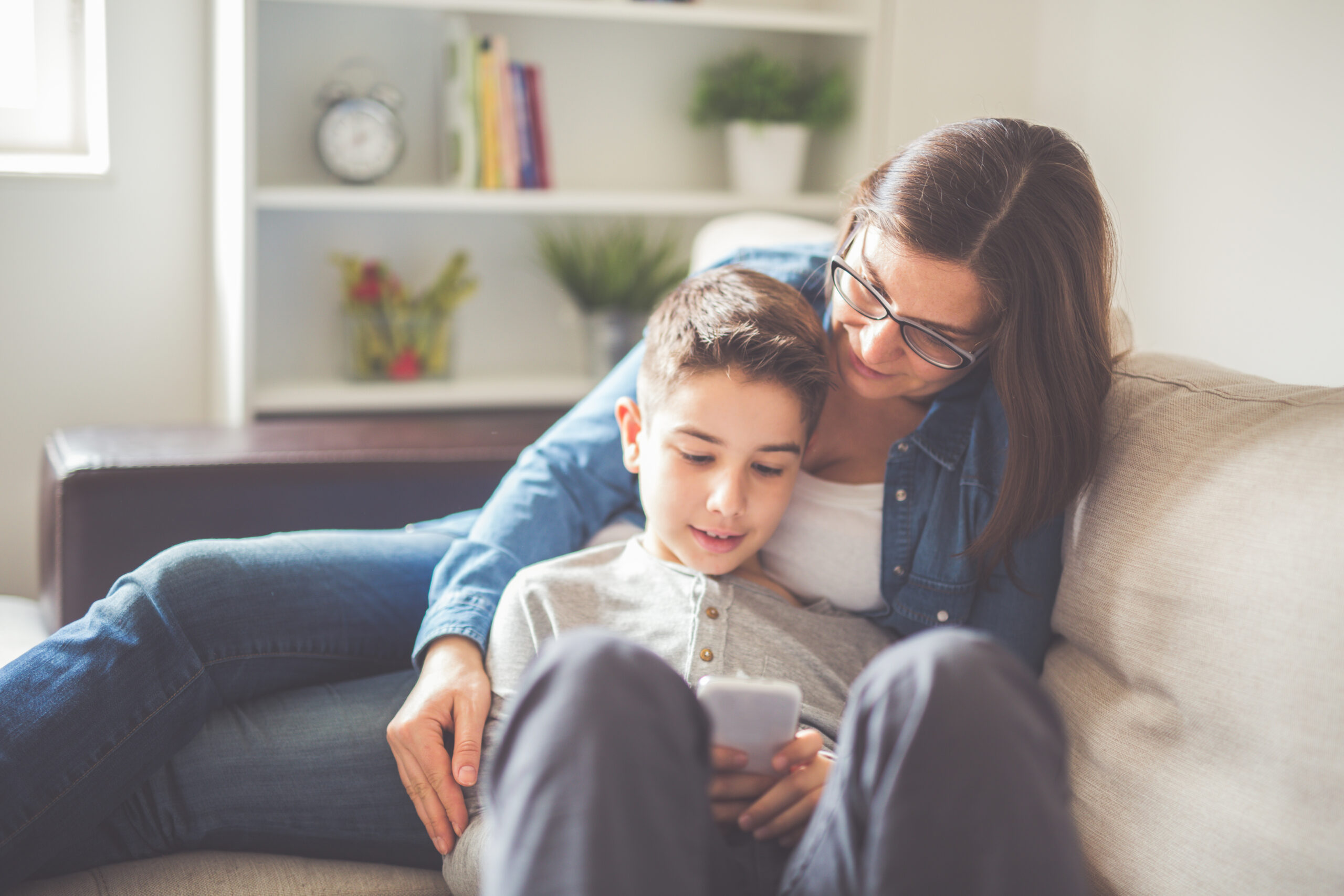 Mother and son on phone