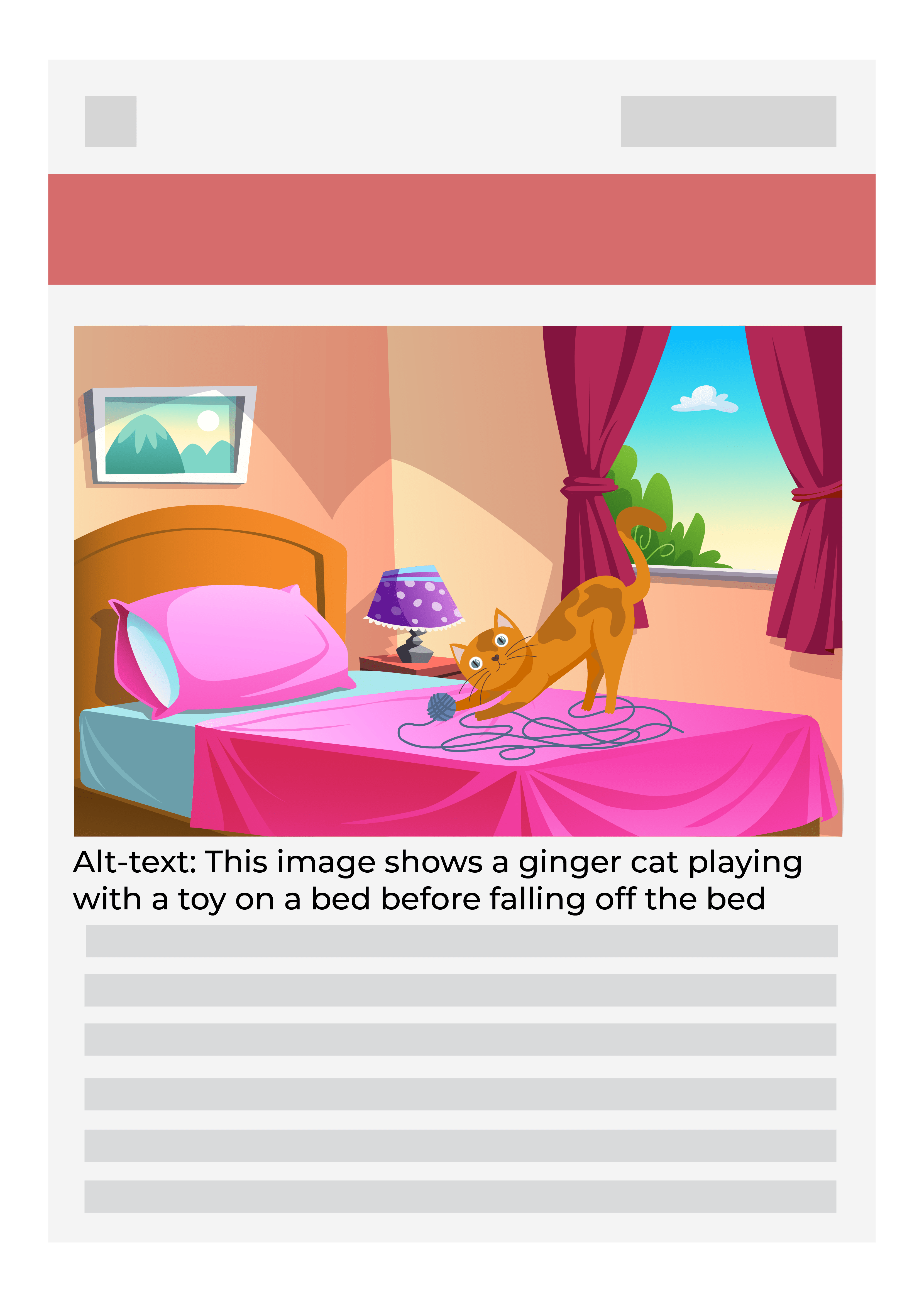 illustration showing an example of alt-text of a ginger cat playing with a toy on a bed