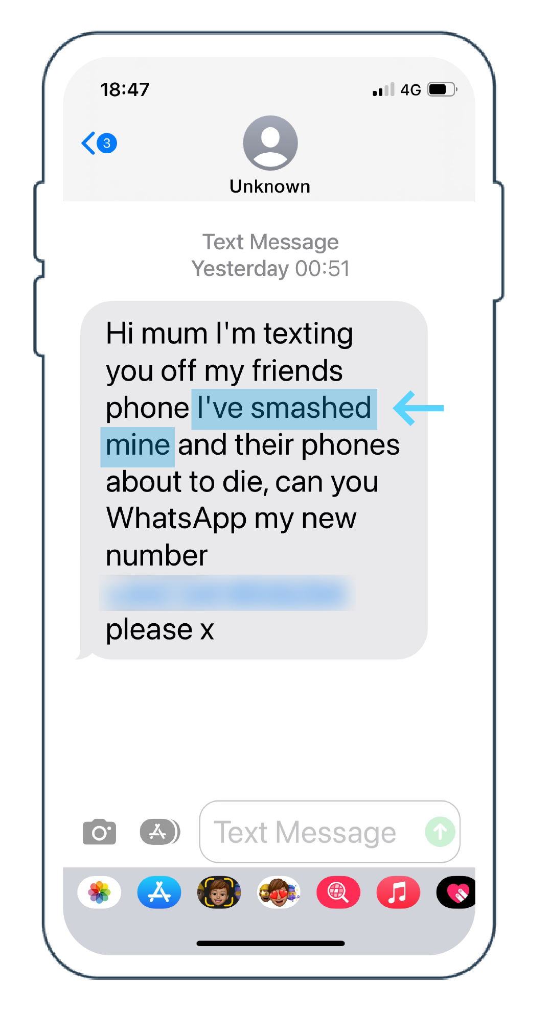 Scam message highlighting that they damaged their phone