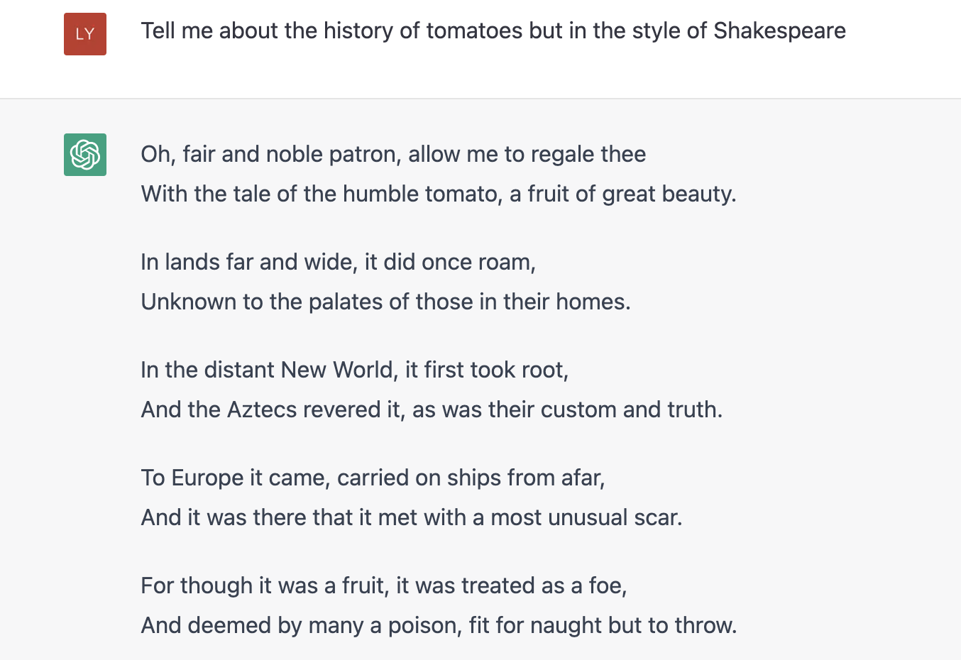 asking ChatGPT the history of tomatoes in the style of Shakespeare