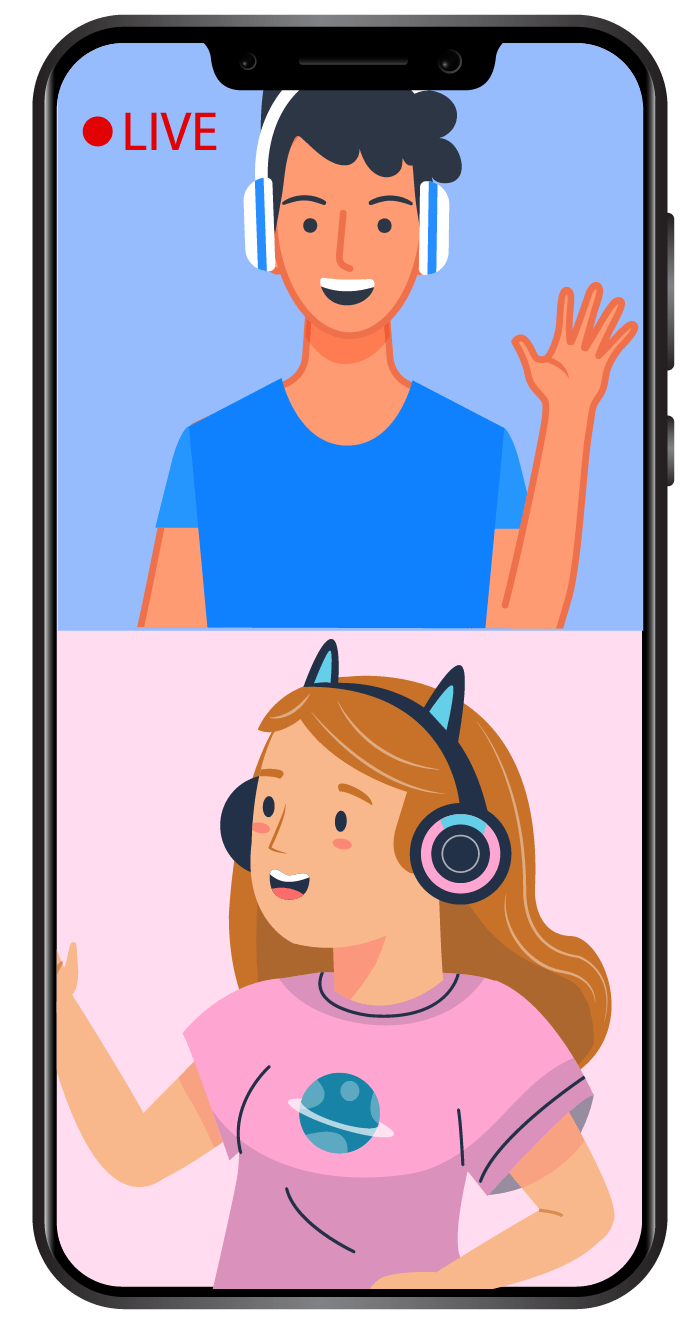 Illustration of a split screen live stream with a boy at the top of the screen and girl at the bottom