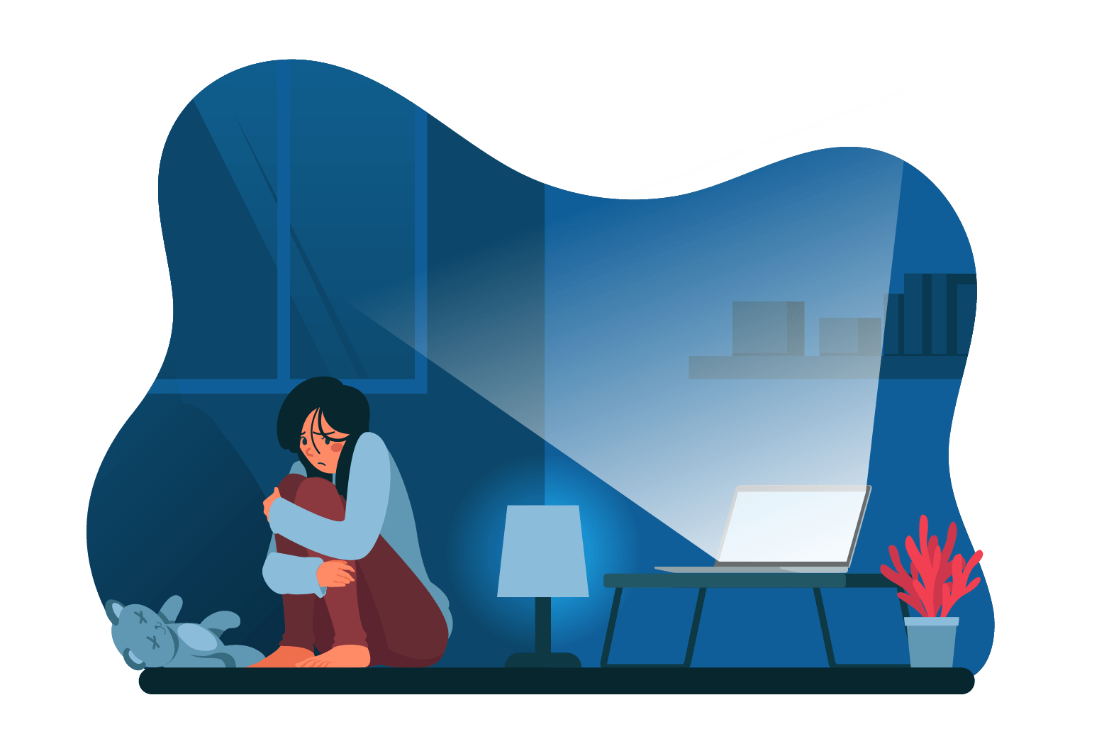 illustration of a young girl cradling herself scared from what's on her laptop screen